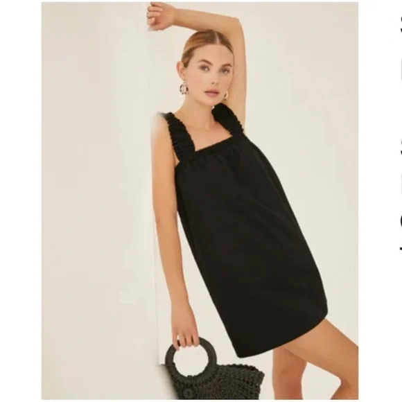 Something Navy Black Square Neck Shirred Ruffled Sleeve Textured Mini Dress - Picture 1 of 10